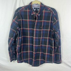 Tommy Hilfiger Men's Black and Blue Checkered Shirt